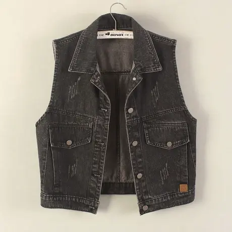 牛仔马甲女短款春秋复古休闲背心2023新款无袖外套百搭黑色坎肩商品大图