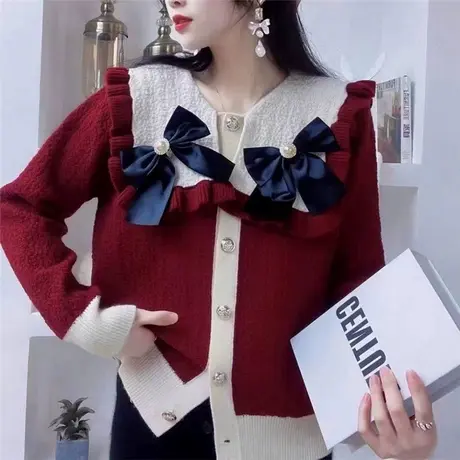 春季甜美女装2023新款时尚洋气蝴蝶结娃娃领针织衫开衫女士上衣服商品大图