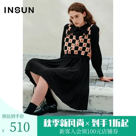 恩裳2023年春季新款棋盘格羊毛混合金线衬衫式压褶连衣裙图片