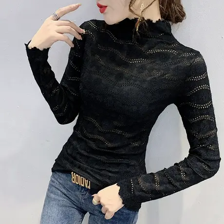 半高领打底衫女春秋新款时尚植绒蕾丝衫女长袖紧身内搭洋气上衣潮图片