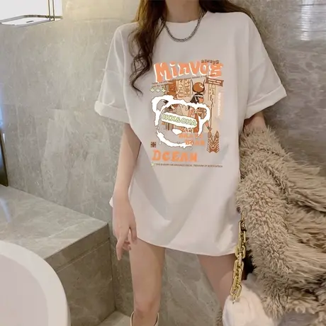 白色短袖t恤女2023年夏季新款半袖体恤设计感小众宽松中长款上衣商品大图