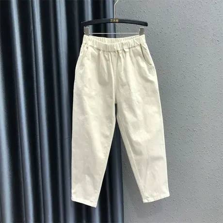 欧货秋季新款米白色松紧高腰休闲老爹裤宽松显瘦九分牛仔哈伦裤女图片