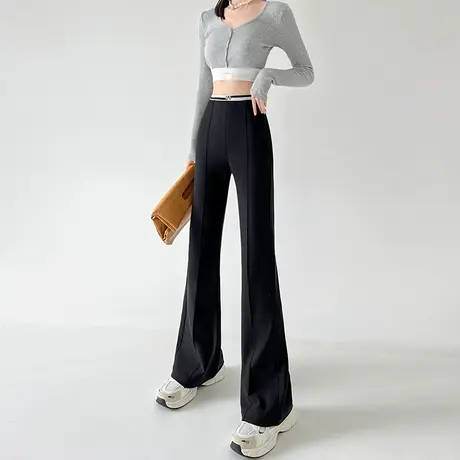 黑色窄版西装微喇裤女春秋薄款高腰显瘦垂感弹力直筒休闲喇叭裤子商品大图
