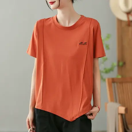 dza纯棉拼接短袖T恤女2023夏季薄款圆领打底体恤宽松显瘦套头上衣商品大图