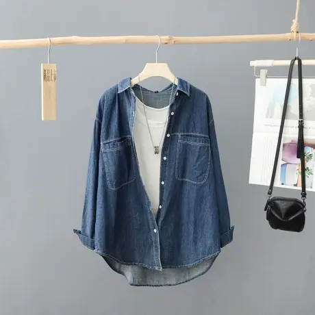 深蓝色牛仔外套衬衫女2023春装新款经典长袖纯色衬衣叠穿上衣开衫图片