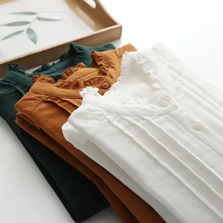 春装日系文艺风琴褶皱双层纱纯棉花边立领衬衫女宽松百搭叠穿衬衣商品大图