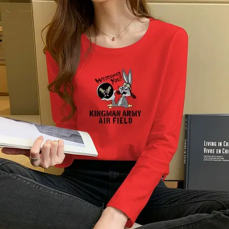 长袖印花兔八哥t恤女学生宽松上衣2023年春装新款纯棉打底衫内搭商品大图