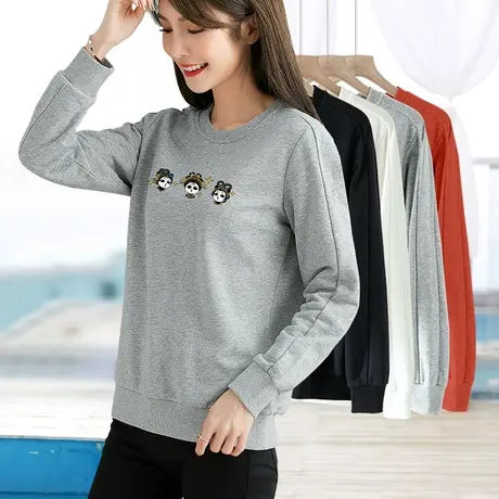 春秋圆领印花卫衣女套头长袖2023修身显瘦打底衫休闲百搭灰色春装商品大图