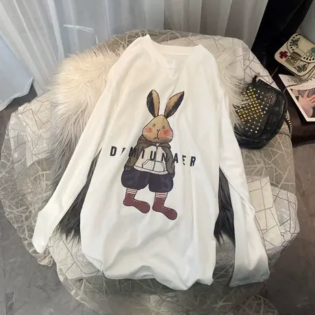 遮臀磨毛春秋冬打底衫女韩国宽松卡通印花休闲百搭显瘦长袖T恤女商品大图