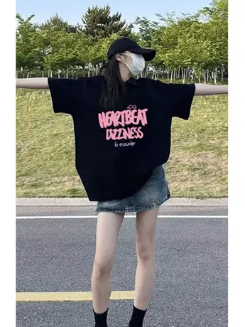 黑色甜酷仿棉短袖t恤女夏季2023新款高街美式复古宽松潮牌上衣服商品大图