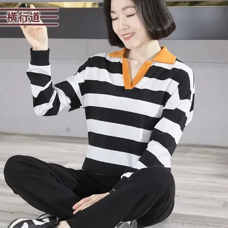 2023新款冬装撞色翻领条纹宽松长袖T恤女装韩版显瘦大码妈妈上衣商品大图