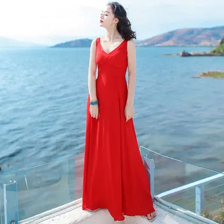2023新款女士长裙子V领年会红色礼服裙雪纺显瘦气质吊带连衣裙图片