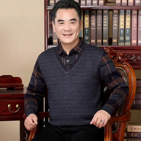 爸爸装秋冬衣服针织打底衫中老年人男士毛衣假两件加绒加厚保暖款商品大图