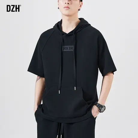 男士夏季连帽短袖t恤男潮牌宽松百搭男装2023新款五分袖半袖体恤商品大图