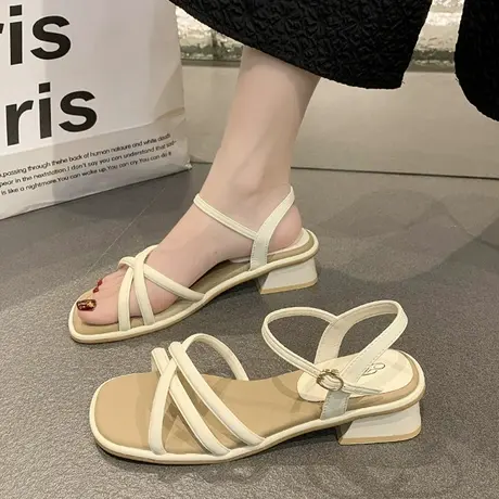 凉鞋女2023新款低跟粗跟方跟法式漏趾一字带温柔风仙女高跟罗马鞋图片