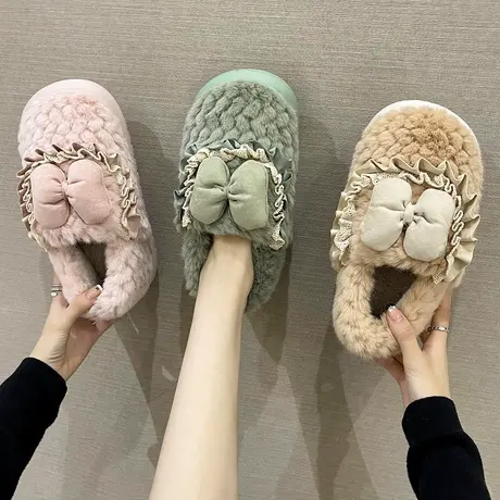 蝴蝶结棉拖鞋女包跟厚底防滑加绒保暖防水家居室内踩屎感外穿棉鞋图片