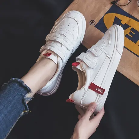 魔术贴小白鞋女2023新款春季学生韩版休闲鞋百搭皮面帆布鞋女板鞋商品大图