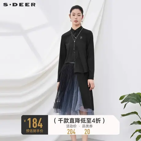 sdeer圣迪奥女装秋装翻领网纱拼接字母长款黑色衬衫S201Z0508商品大图
