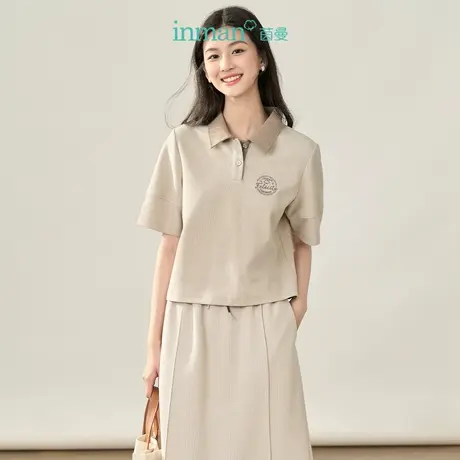 【商场同款】茵曼短款T恤2023秋季女装新款翻领刺绣polo衫上衣图片