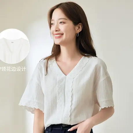 茵曼甜美短袖衬衫女2023夏季蕾丝花边V领衬衣商品大图