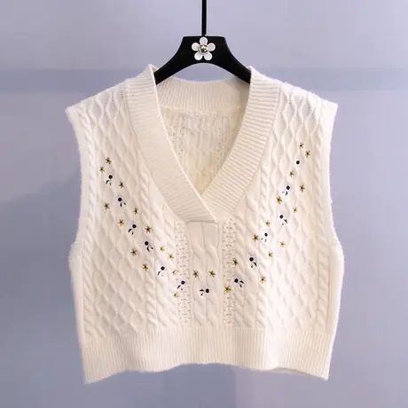 刺绣针织背心马甲女2023秋冬新款复古慵懒风V领宽松无袖坎肩马夹商品大图