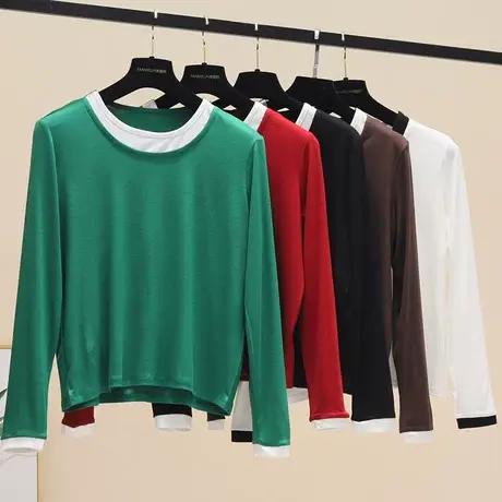 2023年春季新款女装长袖t恤上衣韩版文艺复古宽松套头圆领打底衫图片