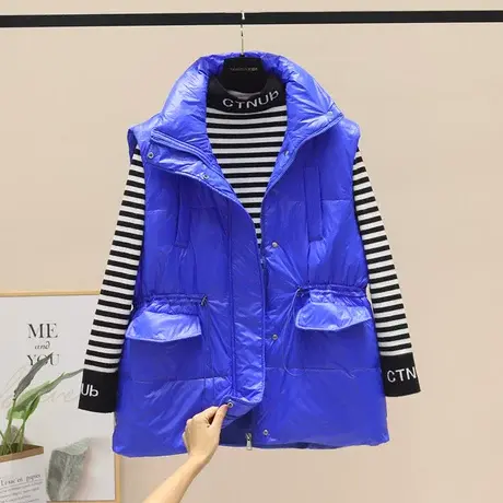 亮面免洗羽绒棉马甲女克莱因蓝韩版宽松厚马夹2023秋冬短坎肩背心商品大图