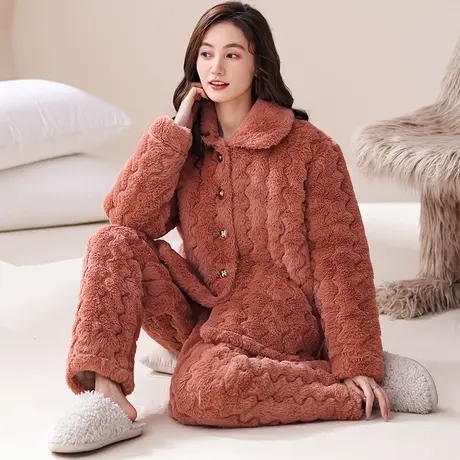 睡衣女秋冬季珊瑚绒加绒加厚三层夹棉中老年法兰绒套装家居服套装商品大图
