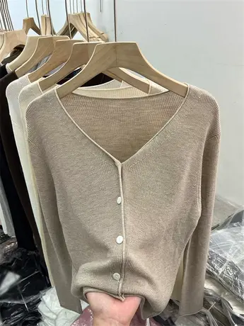 慵懒风V领针织单排扣开衫螺纹长袖女2023年早秋新款上衣休闲体恤商品大图