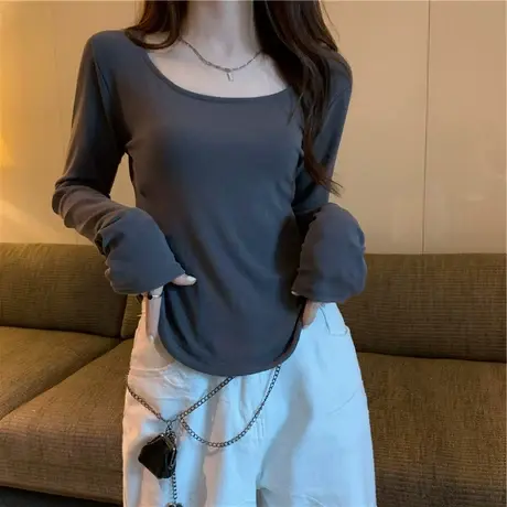 白色基础款内搭长袖紧身打底衫秋季纯色U型领修身显瘦短款t恤上衣图片