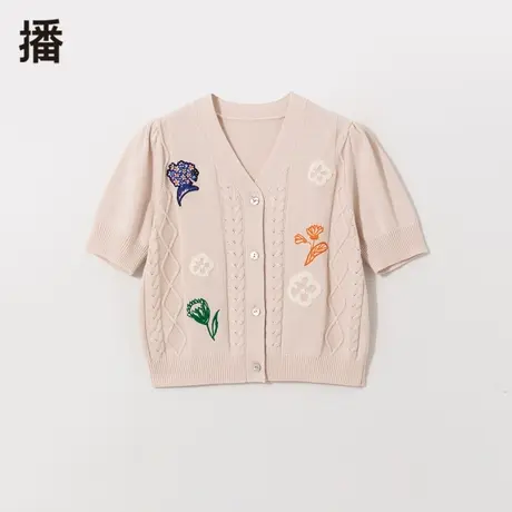 播短款针织开衫女2023秋季新款休闲气质V领绣花复古提花短袖毛衣商品大图