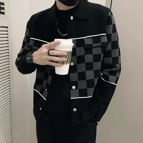 秋冬季针织衫外套格子小众棋盘格拼接设计感ins翻领毛衣开衫夹克商品大图