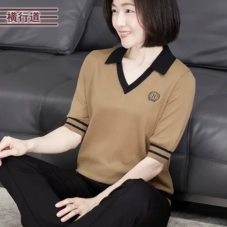 2025夏季新款撞色翻领绣花宽松针织短袖上衣外穿大码女装休闲简约商品大图