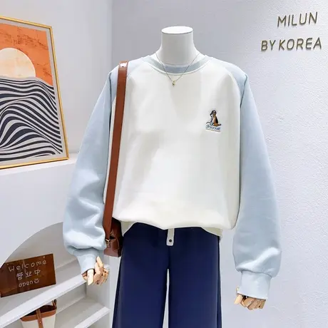 韩代款~2023秋季慵懒风休闲卫衣复古美式拼色长袖上衣日系甜美女图片