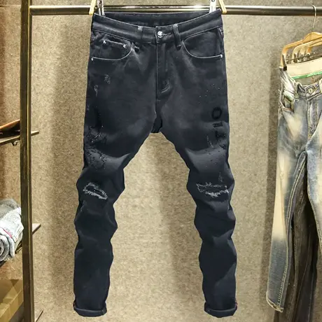 高端修身牛仔裤男款潮牌破洞刮烂小脚长裤秋季黑色个性烫钻裤子男商品大图