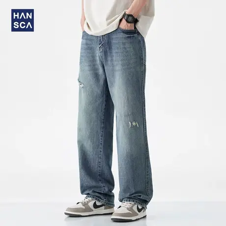 hansca莱赛尔天丝牛仔裤男2025夏季美式高街破洞青少年宽松长裤子商品大图