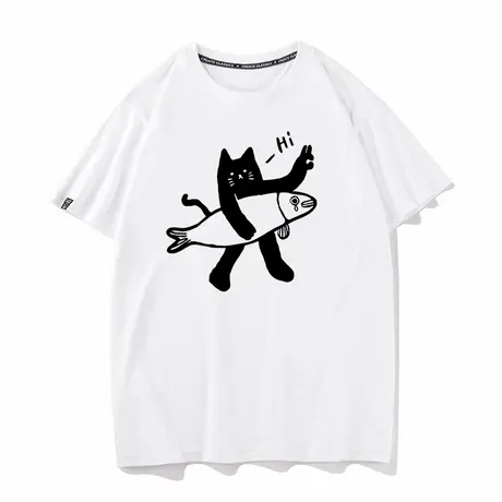 秀洛hi小黑猫抱鱼小猫钓鱼简笔画图案周边衣服半袖打底衫短袖T恤图片