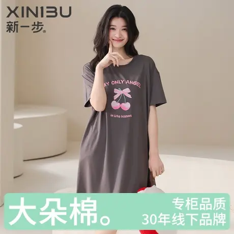 新一步纯棉睡裙女士短袖中长款薄款宽松大码印花家居裙可外穿睡衣商品大图