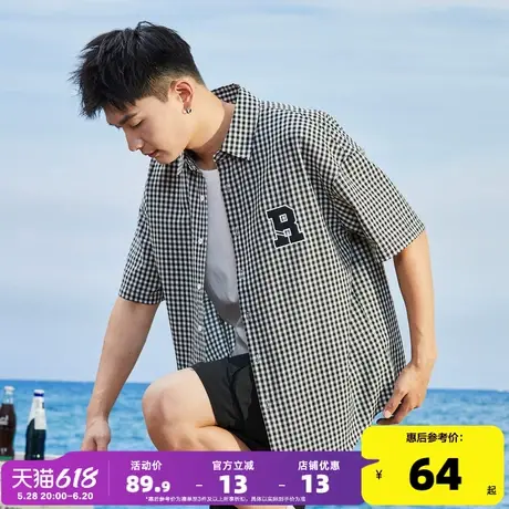 唐狮2024夏新款黑白格子衬衫男翻领文字小格纹短袖复古上衣外套商品大图
