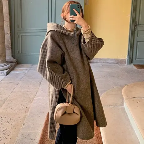 新款套头人字纹千鸟格拼接毛呢外套女中长款韩版宽松连帽呢子大衣商品大图