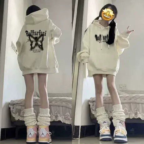 杏色连帽卫衣女2025秋冬宽松新款加绒保暖外套学生慵懒春秋薄上衣图片