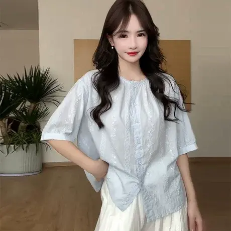 韩系刺绣衬衫女2025秋季新款宽松显瘦百搭洋气减龄五分袖小衫上衣图片