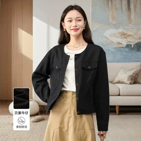 娅丽达休闲复古宽松圆领牛仔外套女2025新款大码女装法式短款上衣图片