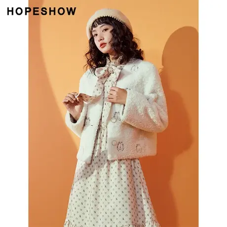 【加菲猫联名】红袖outlets白色颗粒绒外套hopeshow冬V领刺绣夹克图片