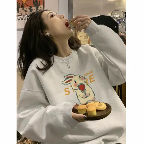2025早秋新款卫衣女圆领爆款白灰色早秋长袖加绒加厚秋冬季上衣潮商品大图