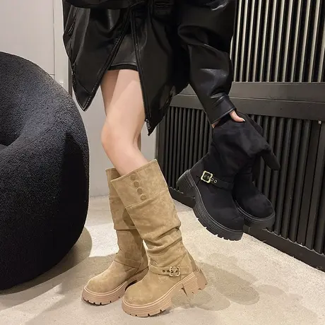 厚底增高骑士靴女2025新款秋季洋气百搭靴子小个子高级不过膝长靴图片