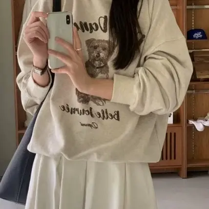 韩系卡通小狗印花卫衣女2025春秋薄款休闲百搭宽松遮屁股大版上衣商品大图