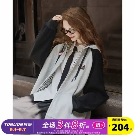 唐狮2025春秋季连帽外套女针织插肩袖撞色可爱风学生小个子外套商品大图