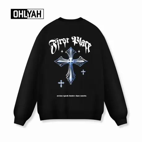 Ohlyah品牌潮流十字架印花美式情侣卫衣男女同款大码落肩oversize商品大图