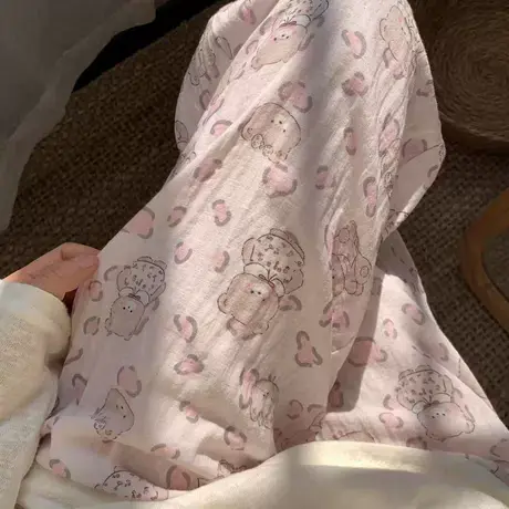 粉豹纹小熊~a类全棉双层纱长裤卡通宽松舒适家居裤可外出有口袋商品大图